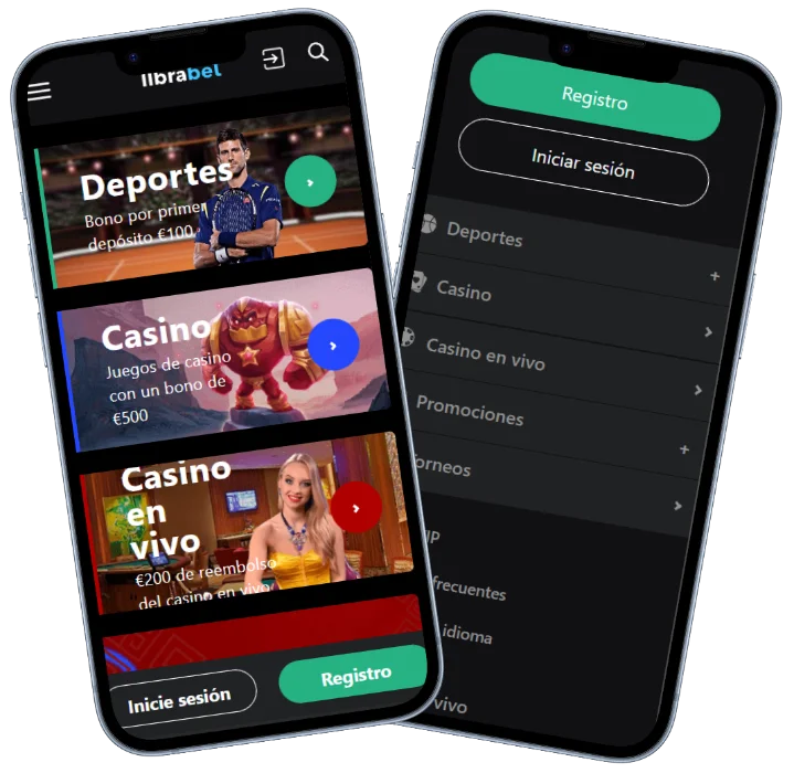 Librabet Casino versión móvil con acceso a deportes casino y menú de navegación
